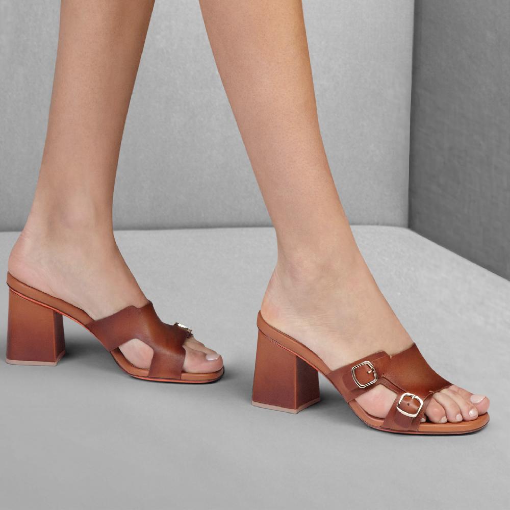 Santoni Sandalo doppia fibbia tacco medio da donna in pelle marrone Economico