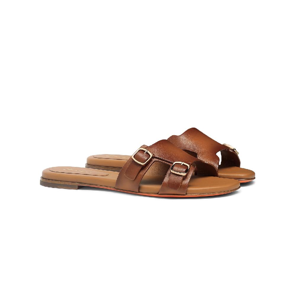 Santoni Sandalo slide Didi con doppia fibbia da donna in pelle marrone In Vendita