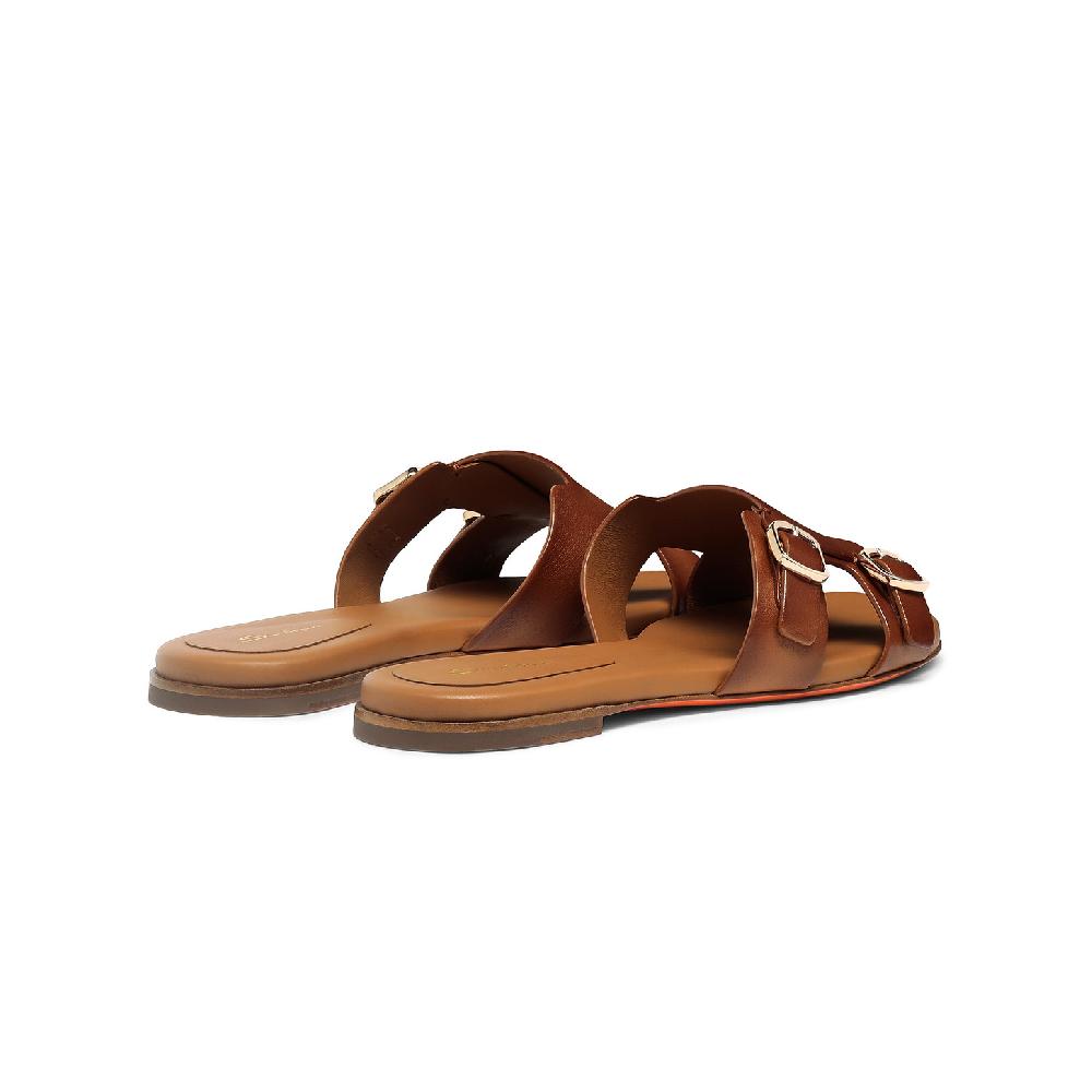 Santoni Sandalo slide Didi con doppia fibbia da donna in pelle marrone In Vendita