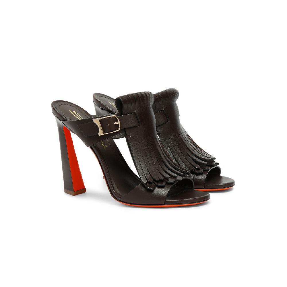 Santoni Sandalo Dua tacco alto con frangia da donna in pelle marrone 50% di sconto per tempo limitato