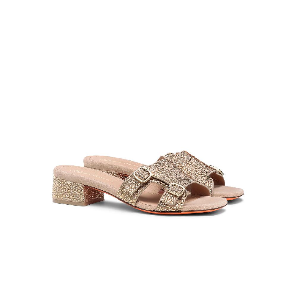 Santoni Sandalo Didi tacco basso da donna in suede e strass oro Promozione Limitata