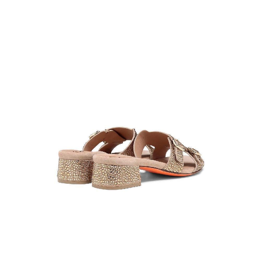 Santoni Sandalo Didi tacco basso da donna in suede e strass oro Promozione Limitata