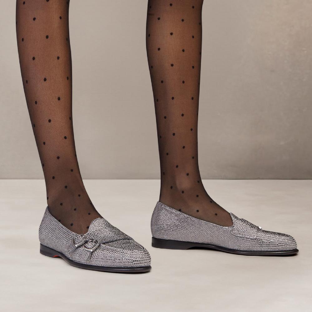 Santoni Mocassino Andrea doppia fibbia da donna in strass argento Economico