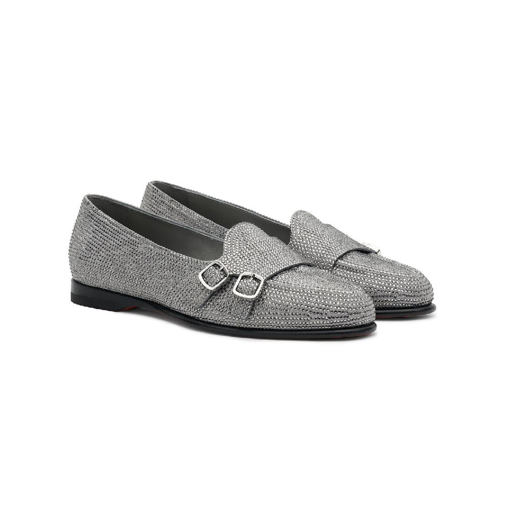 Santoni Mocassino Andrea doppia fibbia da donna in strass argento Economico