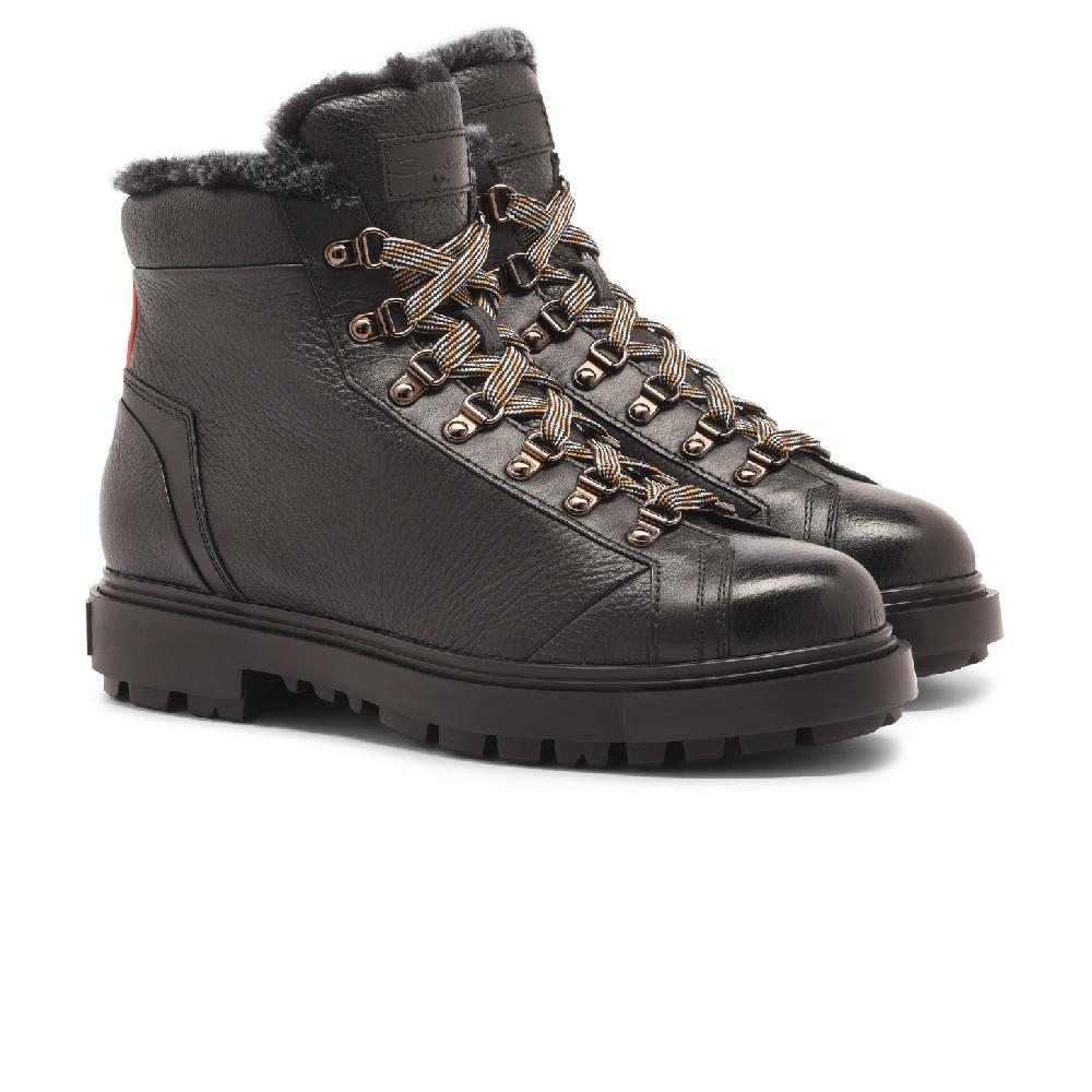 Santoni Scarponcino da montagna da uomo in pelle bottalata nera con pelliccia Nuovo