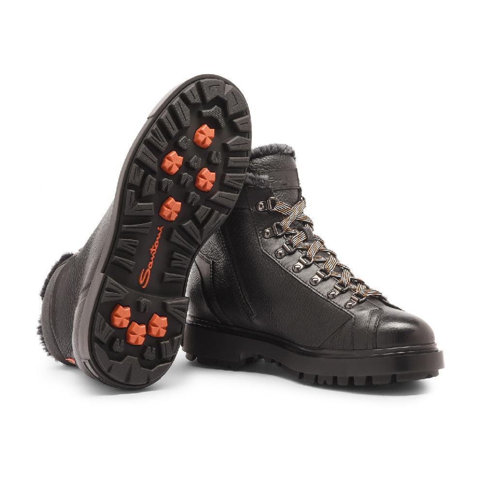 Santoni Scarponcino da montagna da uomo in pelle bottalata nera con pelliccia Nuovo