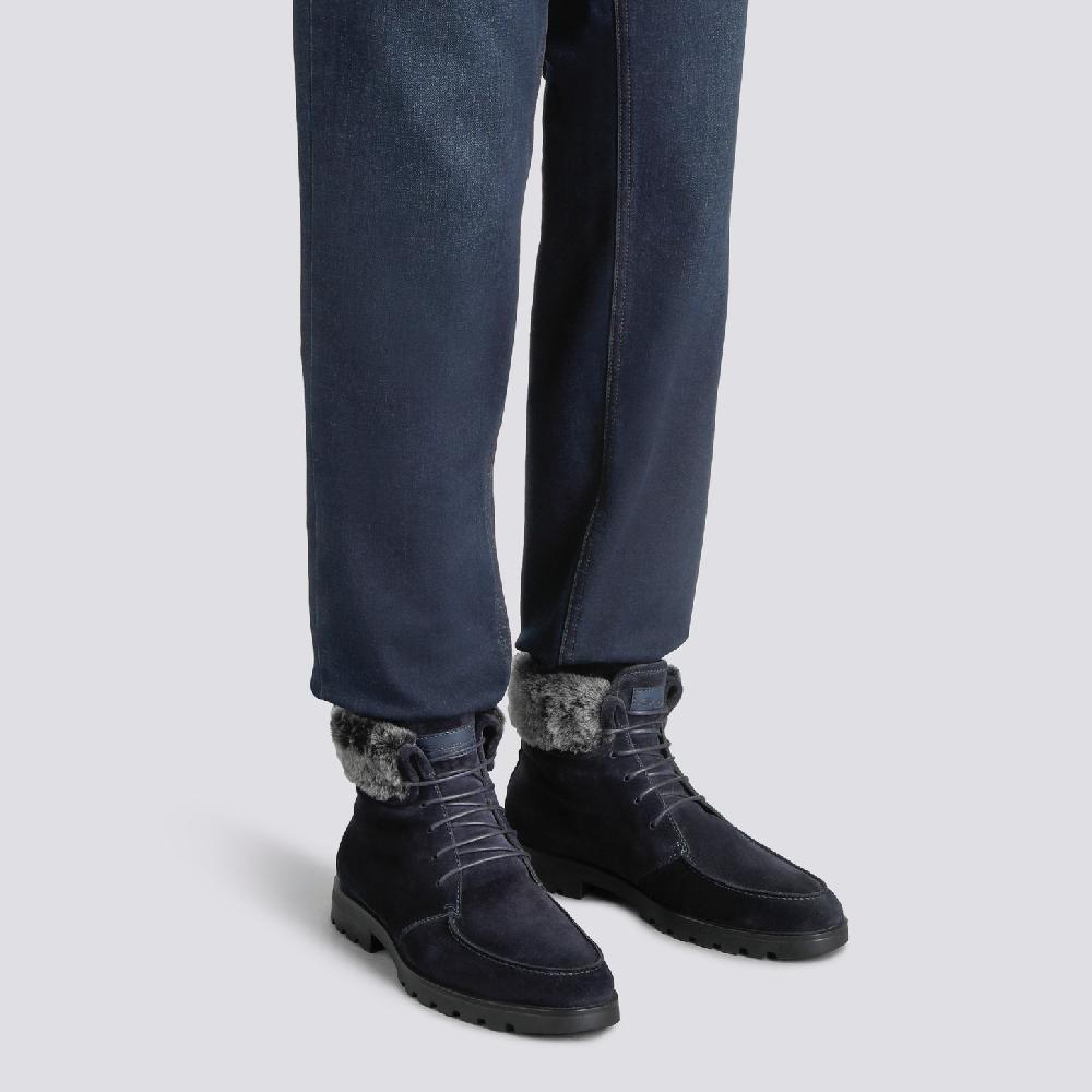 Santoni Stivaletto stringato con pelliccia da uomo in suede blu Vendita