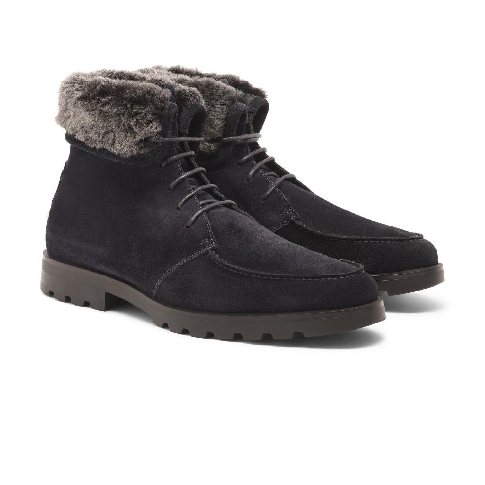 Santoni Stivaletto stringato con pelliccia da uomo in suede blu Vendita