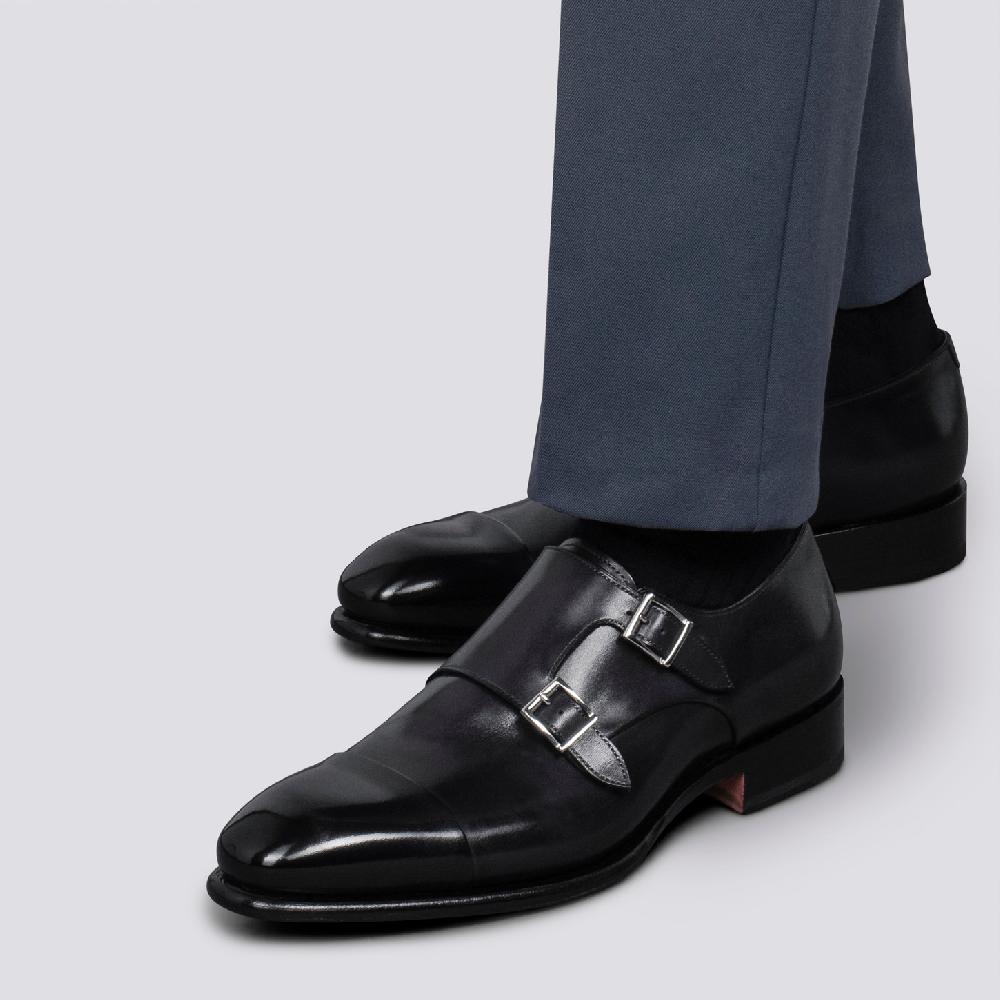 Santoni Doppia fibbia da uomo in pelle anticata blu Soddisfazione Garantita