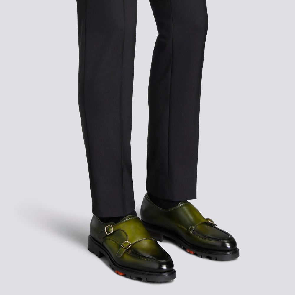 Santoni Doppia fibbia da uomo in pelle verde Acquista Ora