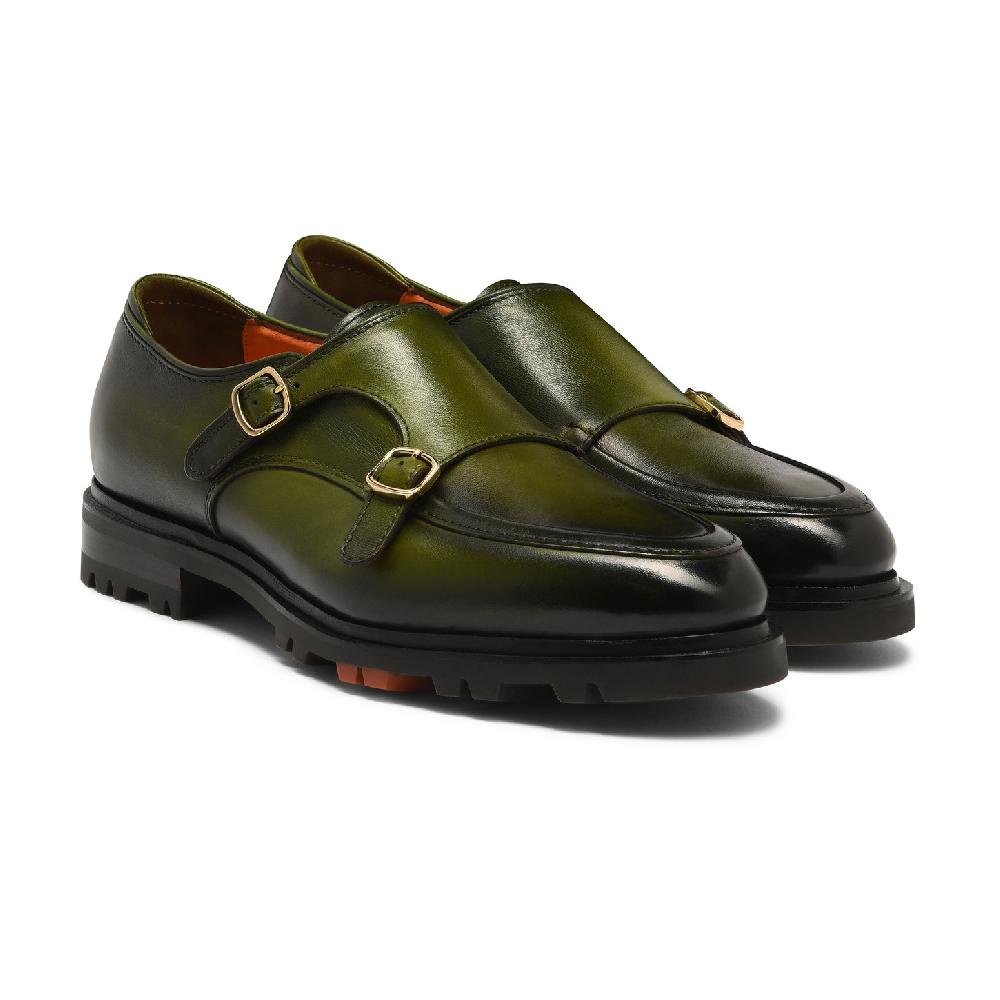 Santoni Doppia fibbia da uomo in pelle verde Acquista Ora