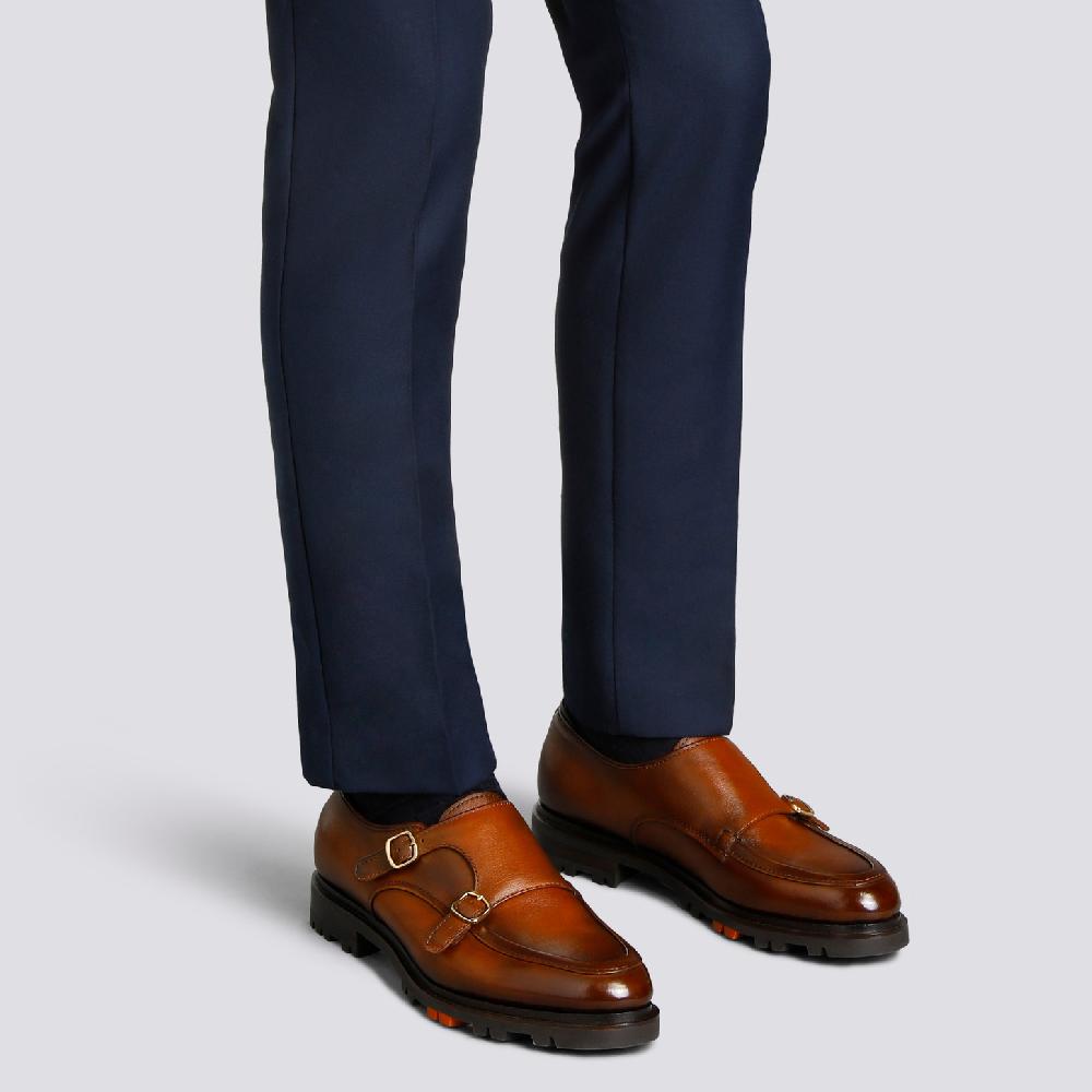 Santoni Doppia fibbia da uomo in pelle marrone Consegna Veloce