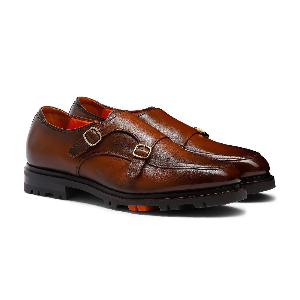 Santoni Doppia fibbia da uomo in pelle marrone Consegna Veloce