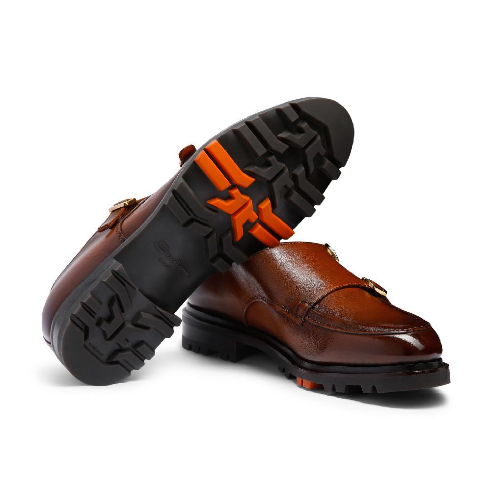 Santoni Doppia fibbia da uomo in pelle marrone Consegna Veloce