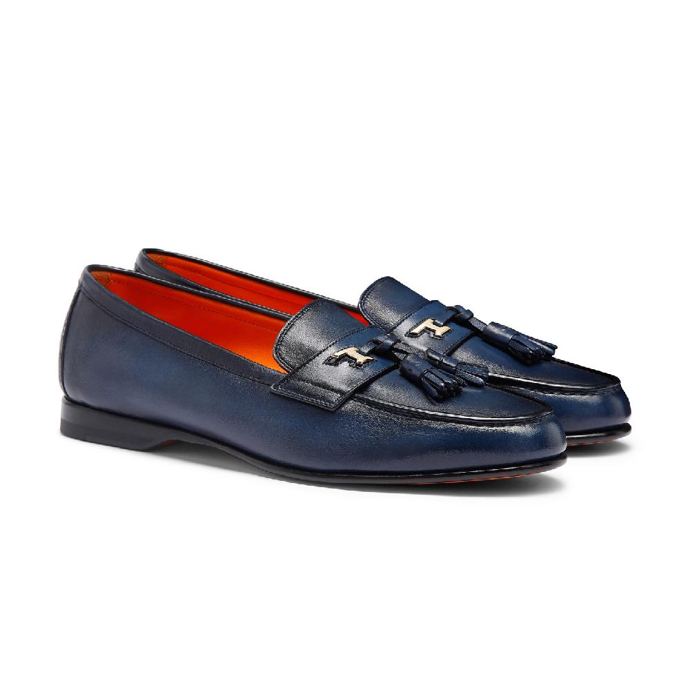 Santoni Mocassino Andrea con nappe da uomo in pelle blu Outlet