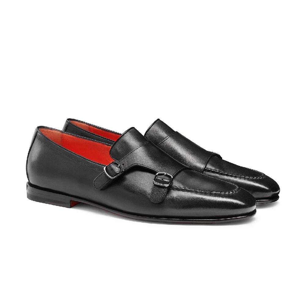 Santoni Mocassino con doppia fibbia da uomo in pelle anticata nera Negozio