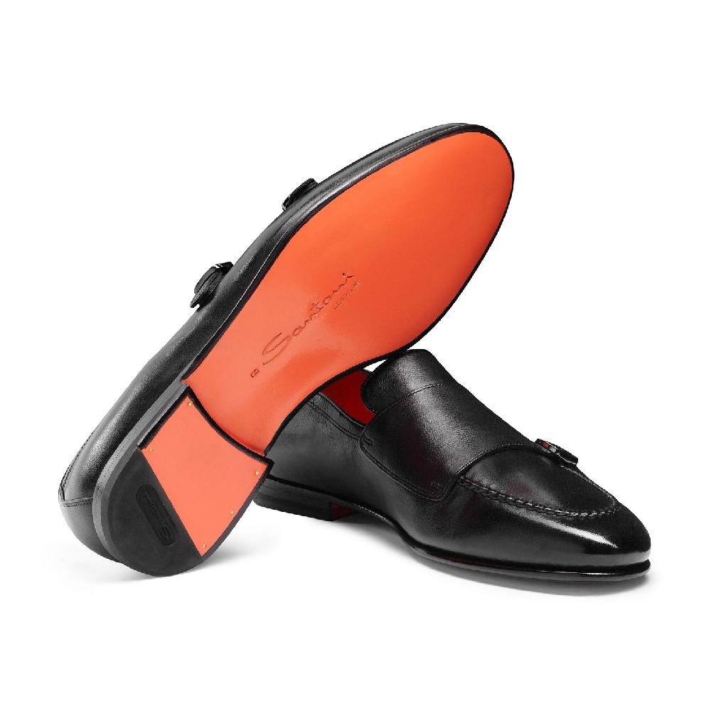 Santoni Mocassino con doppia fibbia da uomo in pelle anticata nera Negozio