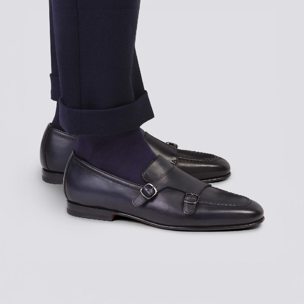 Santoni Mocassino con doppia fibbia da uomo in pelle anticata blu In Saldo