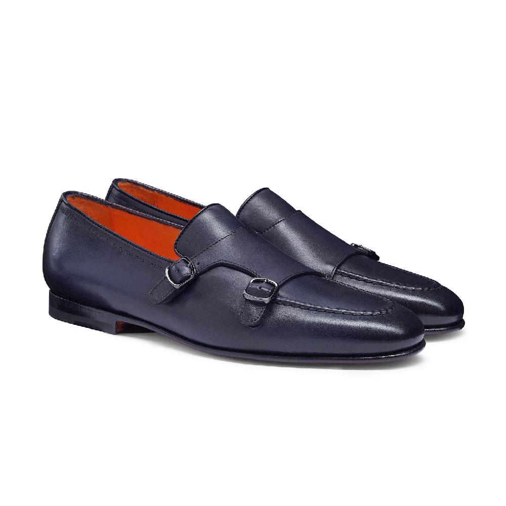 Santoni Mocassino con doppia fibbia da uomo in pelle anticata blu In Saldo