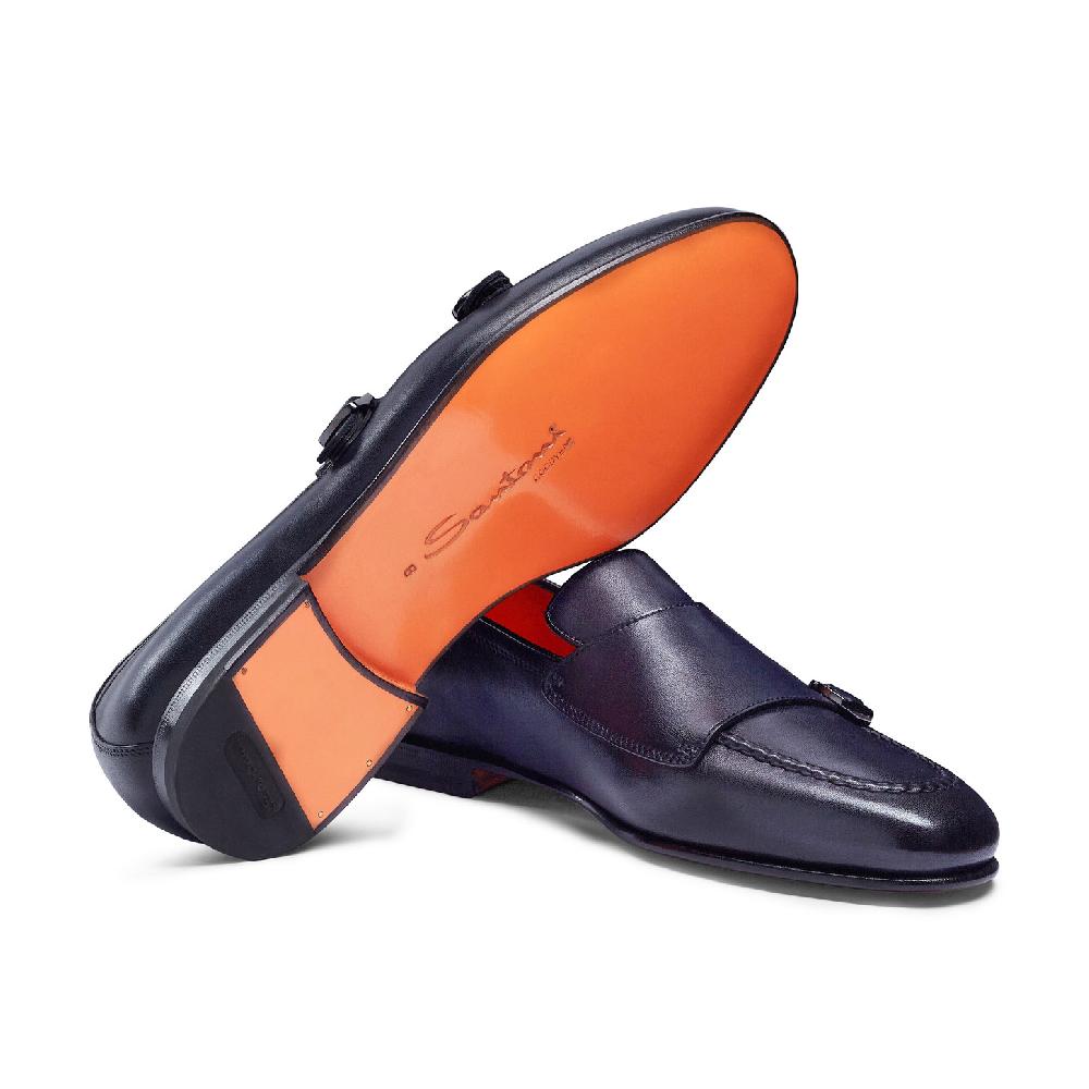 Santoni Mocassino con doppia fibbia da uomo in pelle anticata blu In Saldo