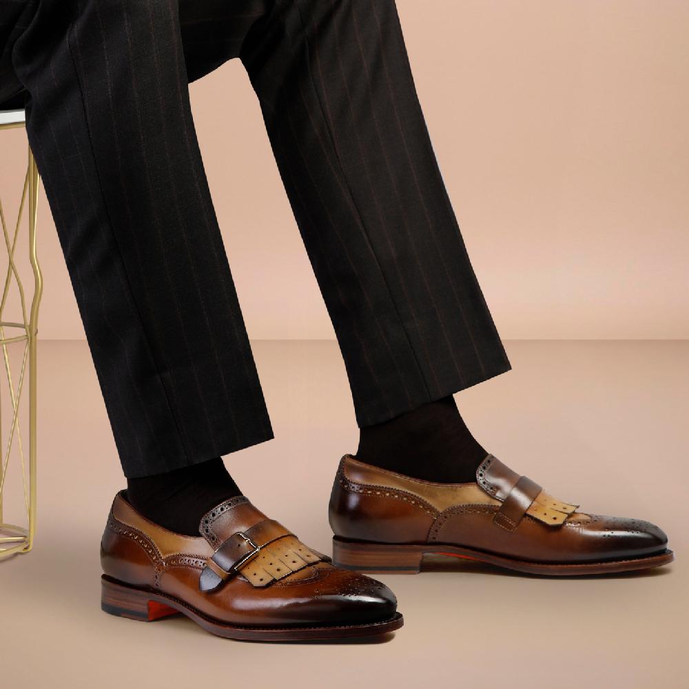Santoni Mocassino mono fibbia con frangia da uomo in pelle marrone Promozione