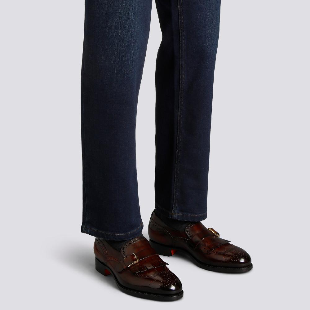 Santoni Mocassino mono-fibbia con frangia da uomo in pelle bordeaux Spedizione Gratuita