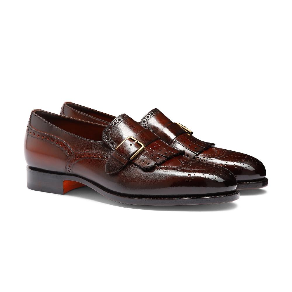 Santoni Mocassino mono-fibbia con frangia da uomo in pelle bordeaux Spedizione Gratuita
