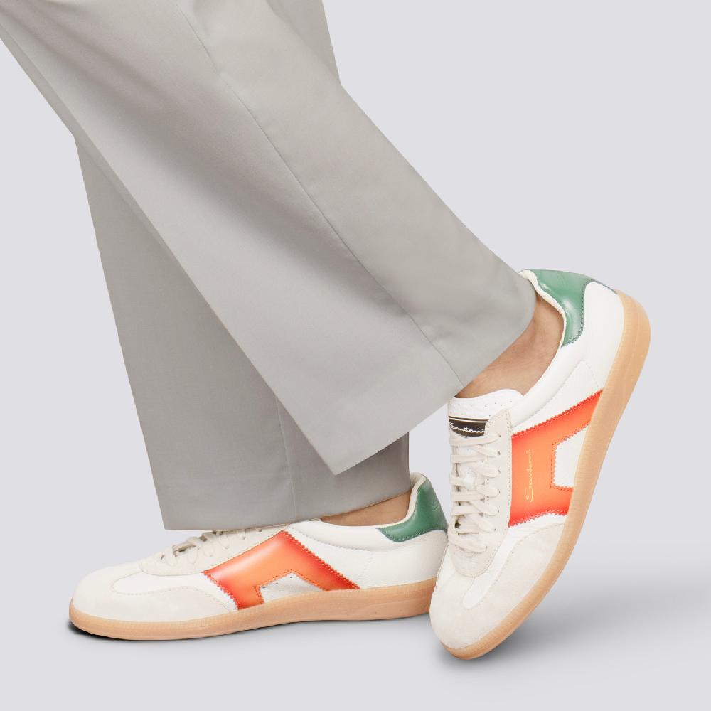 Santoni DBS Oly sneaker da uomo in pelle e suede bianco verde e arancione Consegna Veloce