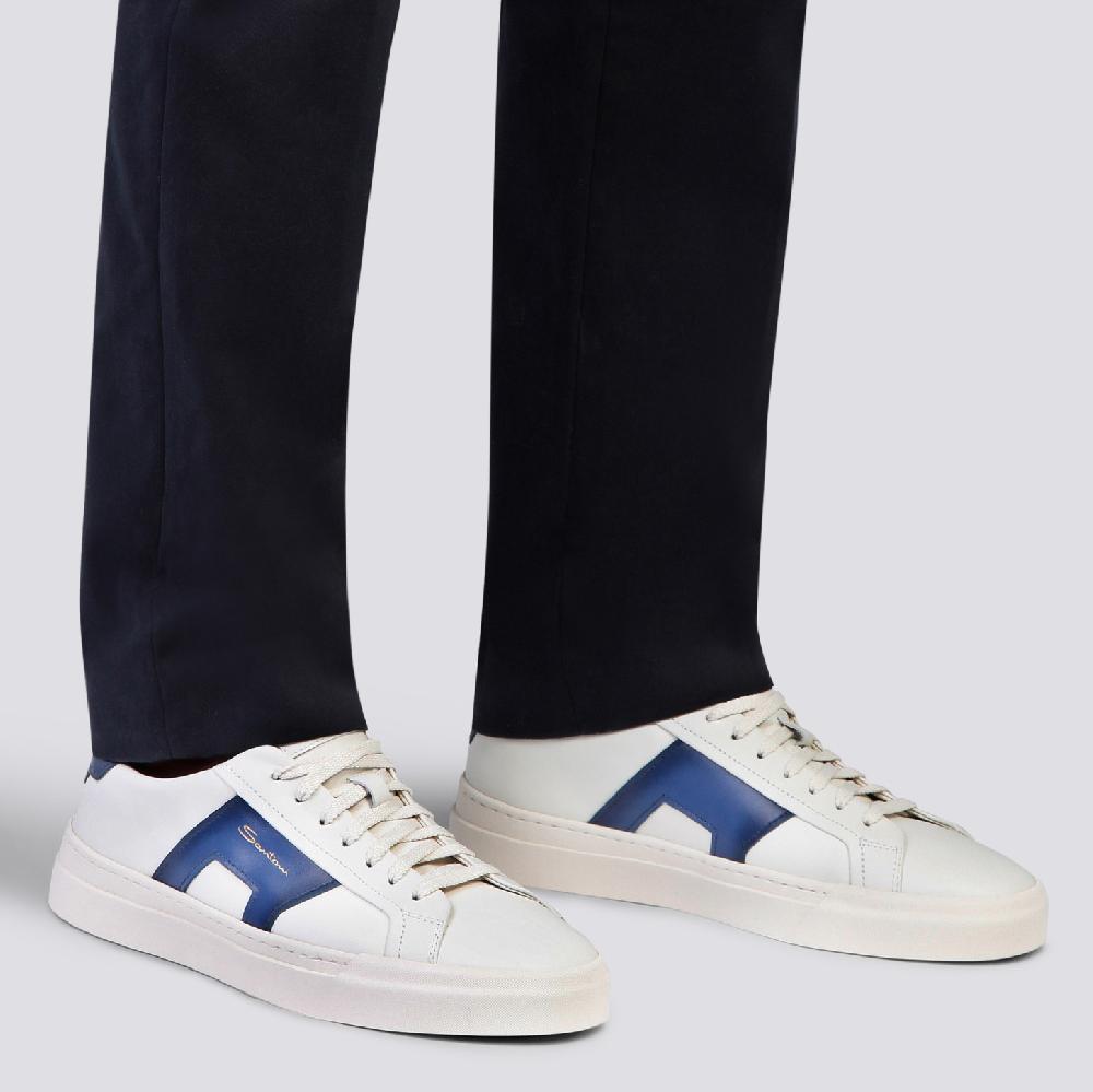 Santoni Double buckle sneaker da uomo in pelle bianca e blu Offerta