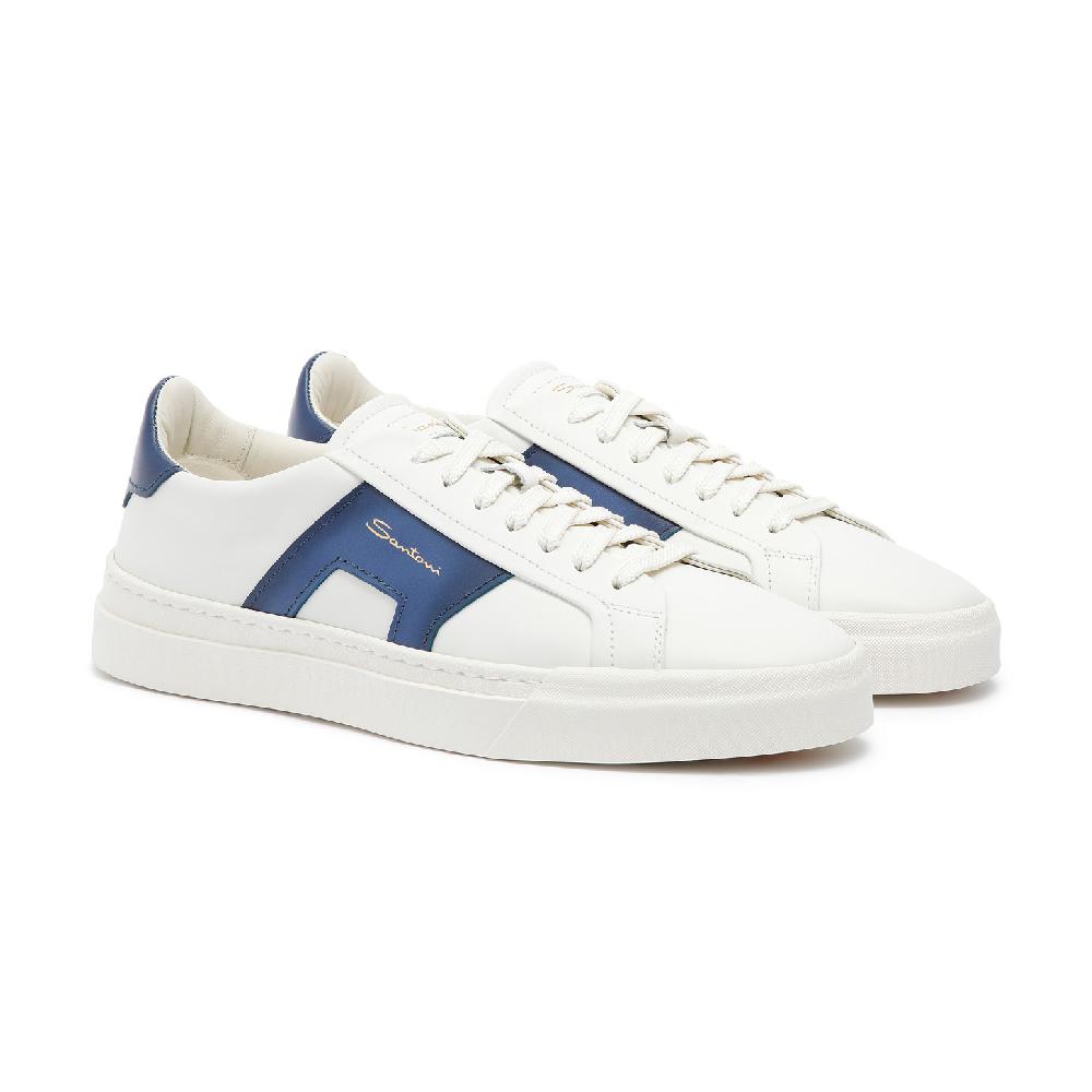 Santoni Double buckle sneaker da uomo in pelle bianca e blu Offerta