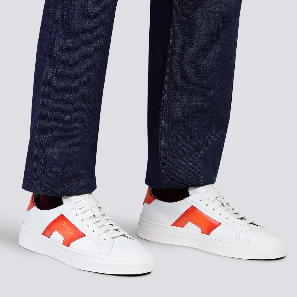 Santoni Double buckle sneaker da uomo in pelle bianca e arancione Economico