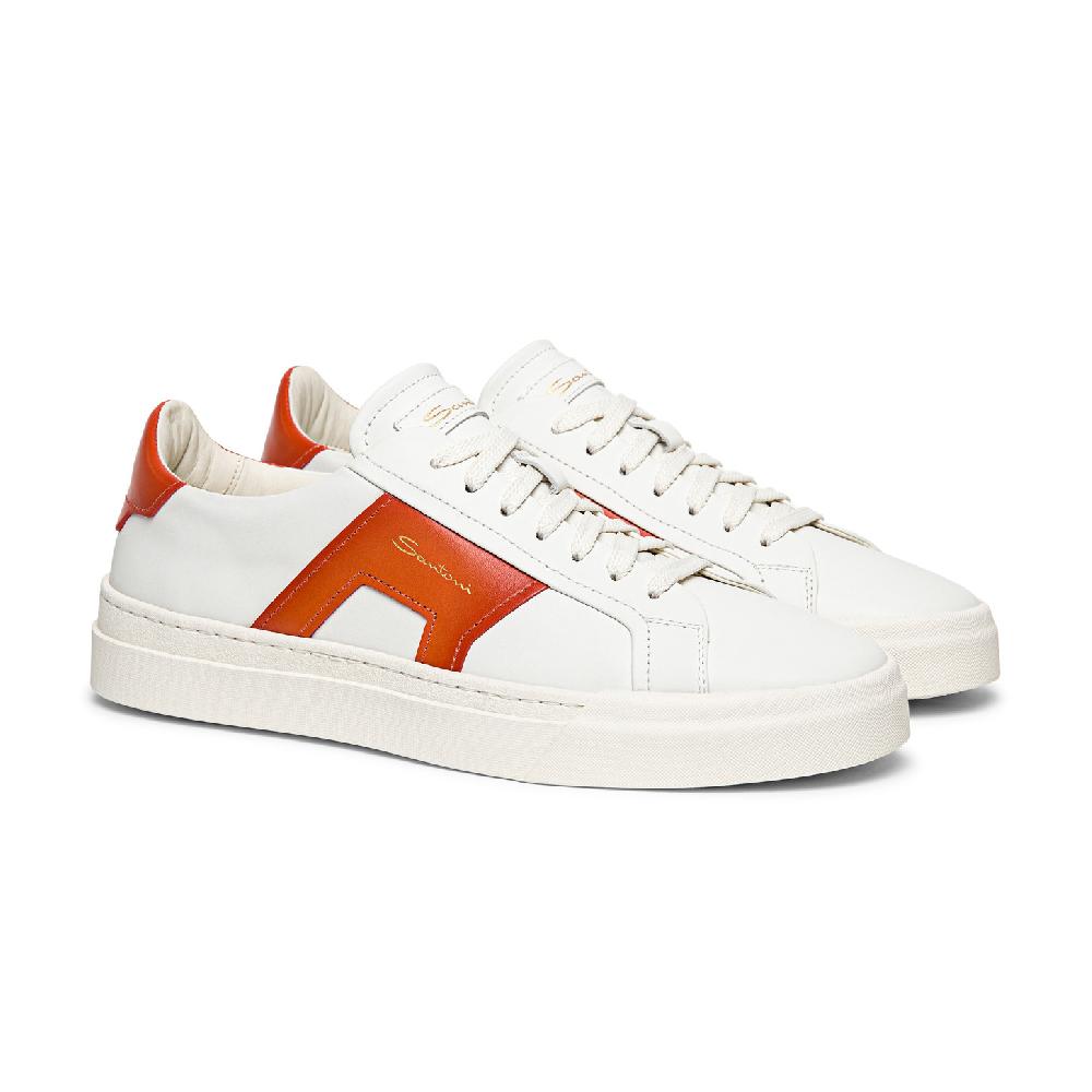 Santoni Double buckle sneaker da uomo in pelle bianca e arancione Economico