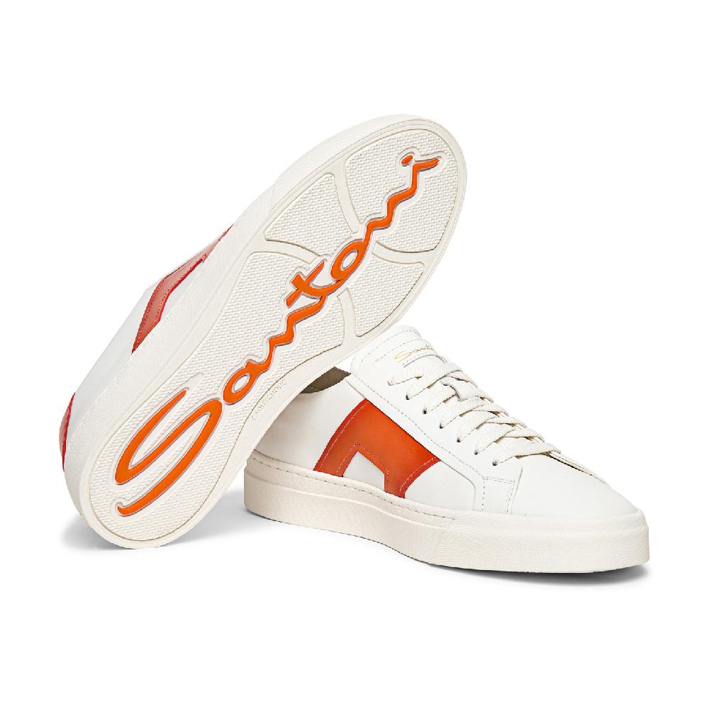 Santoni Double buckle sneaker da uomo in pelle bianca e arancione Economico