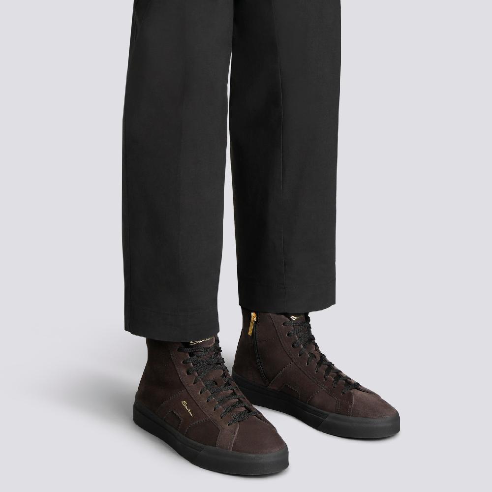Santoni Double buckle sneaker alta con pelliccia da uomo in suede grigio Nuovo