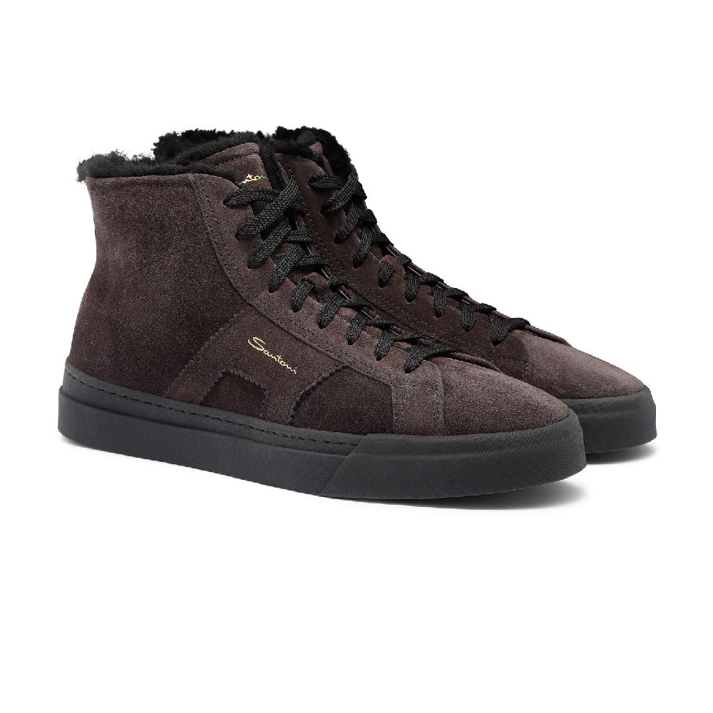 Santoni Double buckle sneaker alta con pelliccia da uomo in suede grigio Nuovo