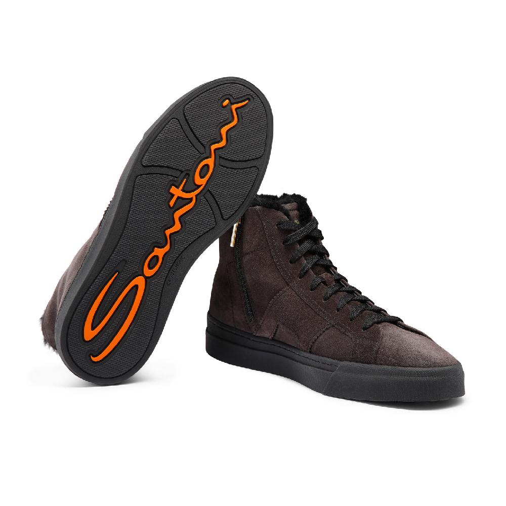 Santoni Double buckle sneaker alta con pelliccia da uomo in suede grigio Nuovo