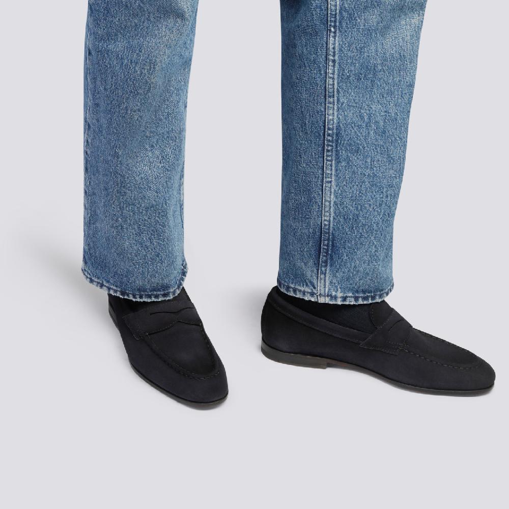 Santoni Mocassino penny da uomo in suede blu Outlet