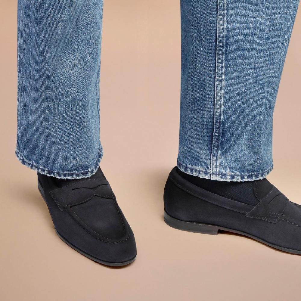 Santoni Mocassino penny da uomo in suede blu Outlet