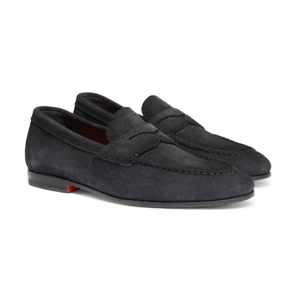 Santoni Mocassino penny da uomo in suede blu Outlet