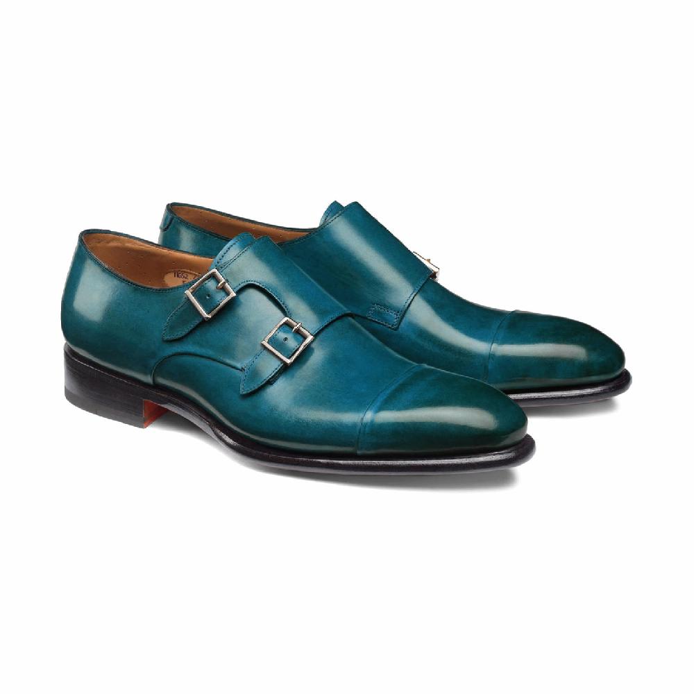 Santoni Doppia fibbia da uomo in pelle turchese Nuova