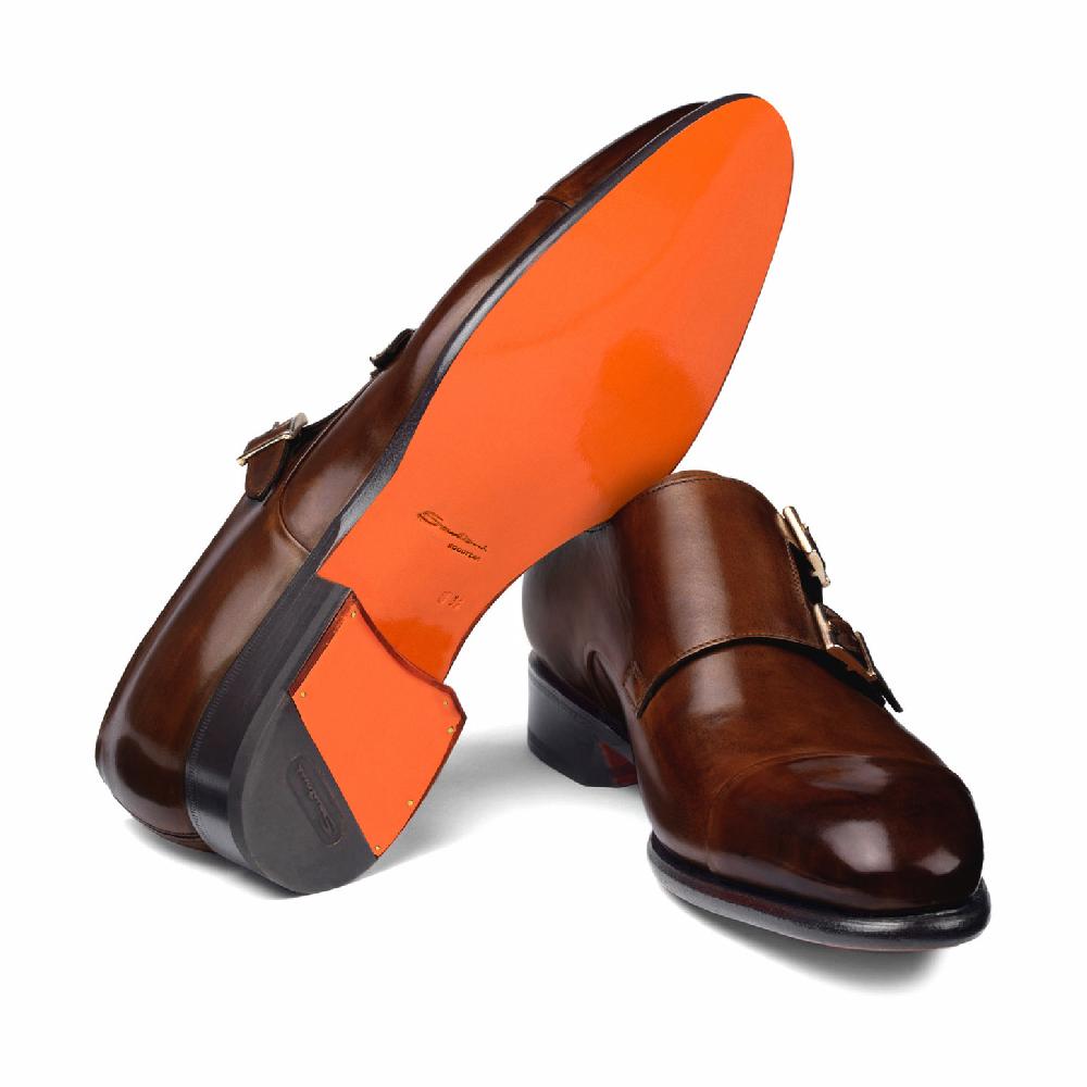 Santoni Doppia fibbia da uomo in pelle marrone medio Italia