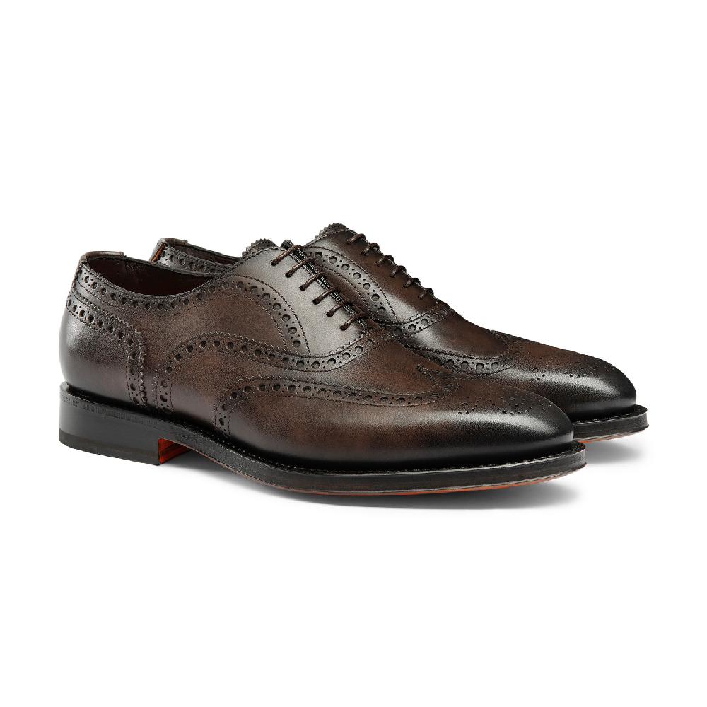 Santoni Stringata oxford brogue da uomo in pelle anticata marrone In Linea