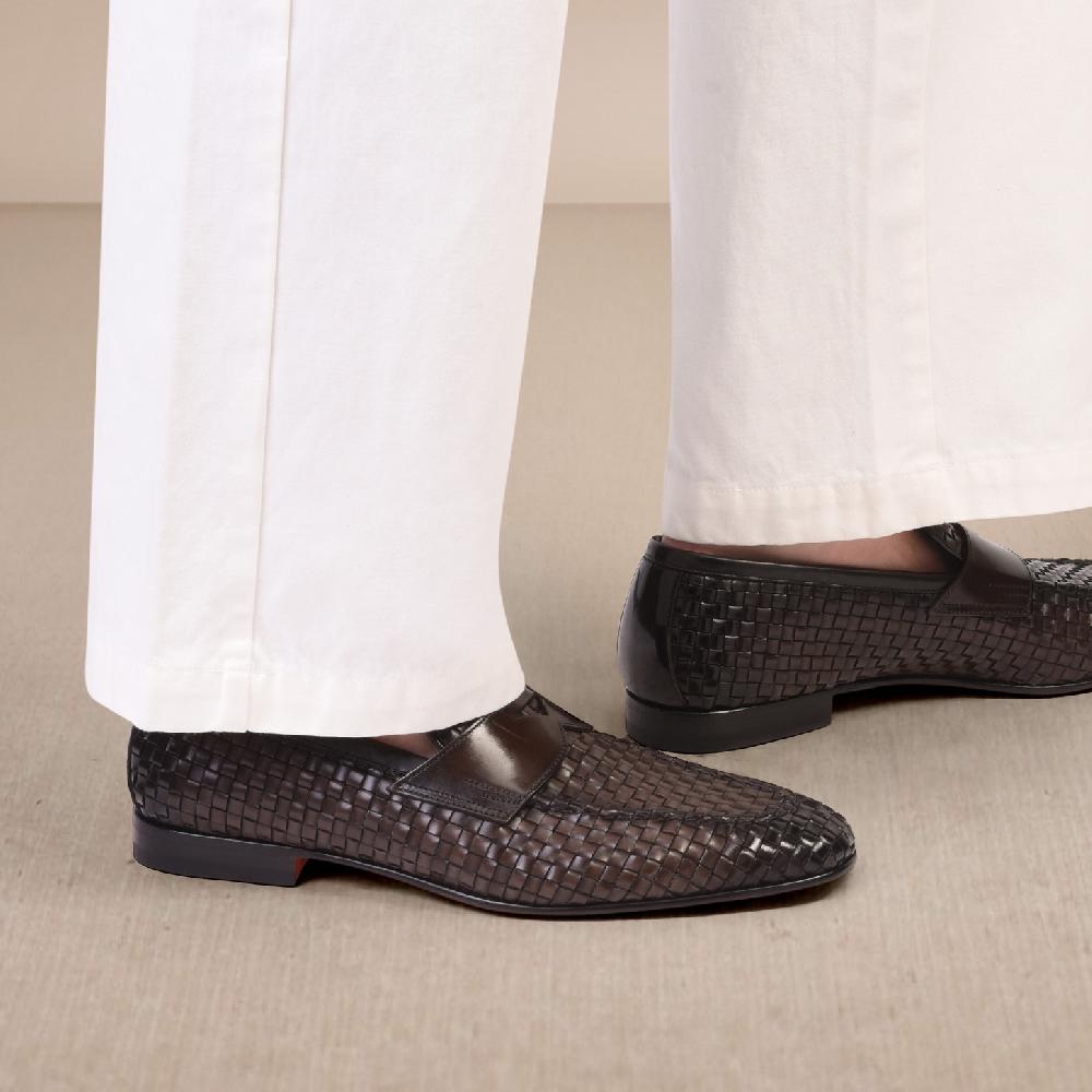 Santoni Mocassino penny con tomaia intrecciata da uomo in pelle marrone Pezzi Unici