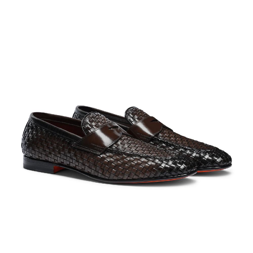 Santoni Mocassino penny con tomaia intrecciata da uomo in pelle marrone Pezzi Unici