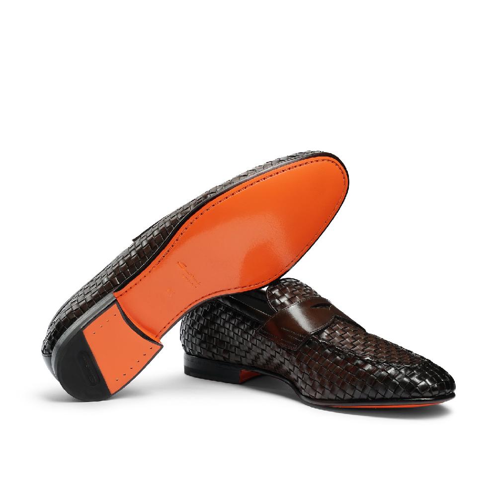 Santoni Mocassino penny con tomaia intrecciata da uomo in pelle marrone Pezzi Unici