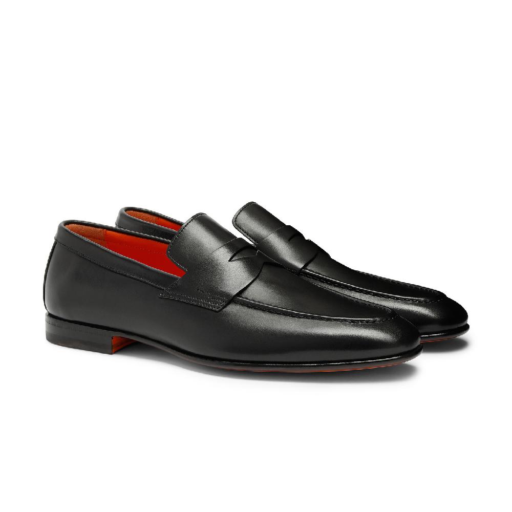 Santoni Mocassino penny da uomo in pelle anticata nera Convenienza