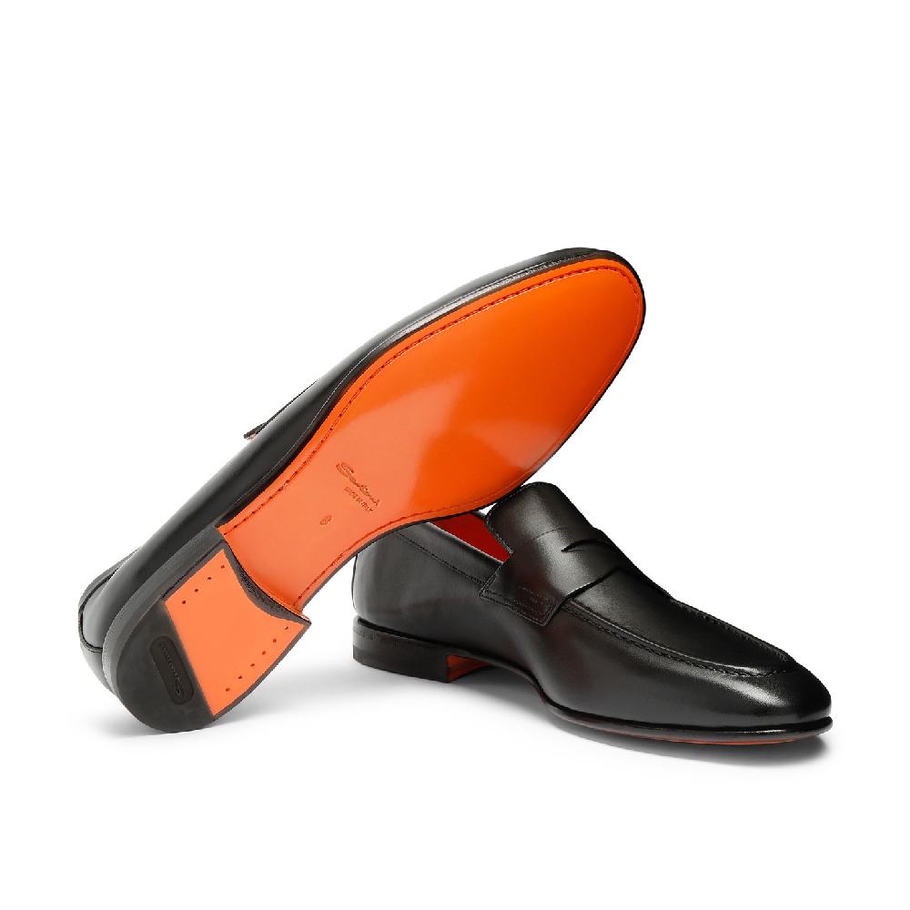Santoni Mocassino penny da uomo in pelle anticata nera Convenienza