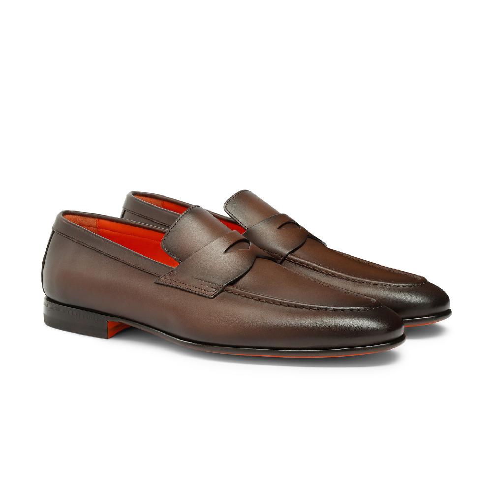 Santoni Mocassino penny da uomo in pelle anticata marrone Only for today