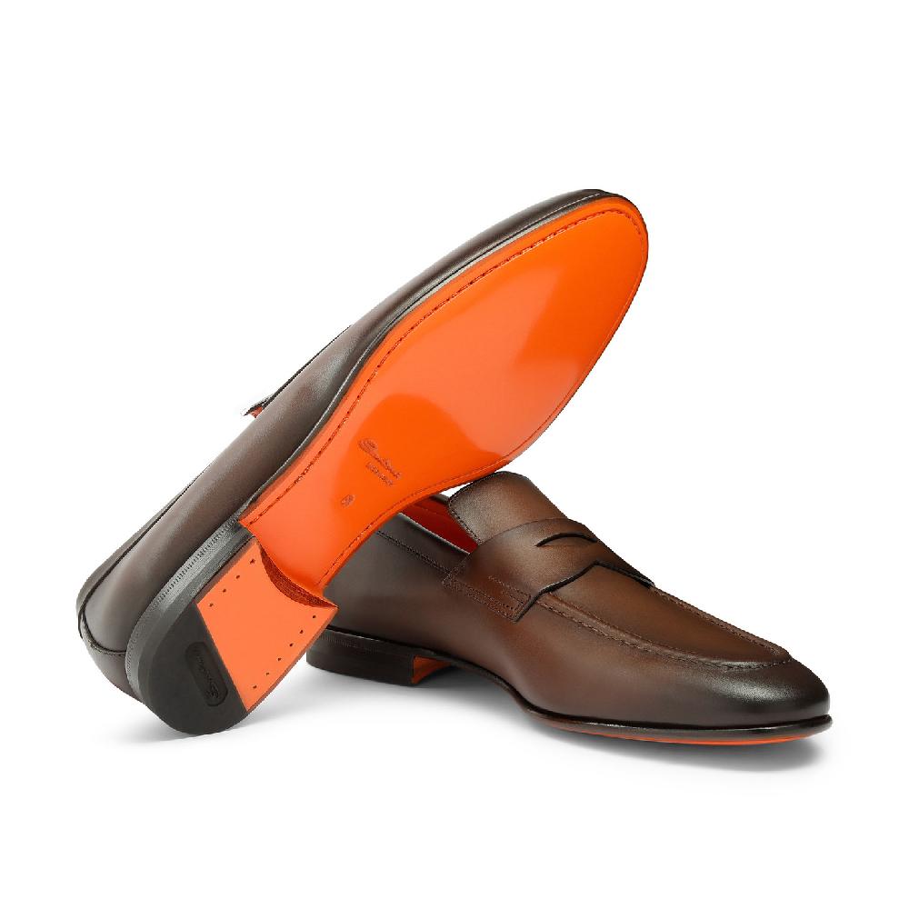 Santoni Mocassino penny da uomo in pelle anticata marrone Only for today