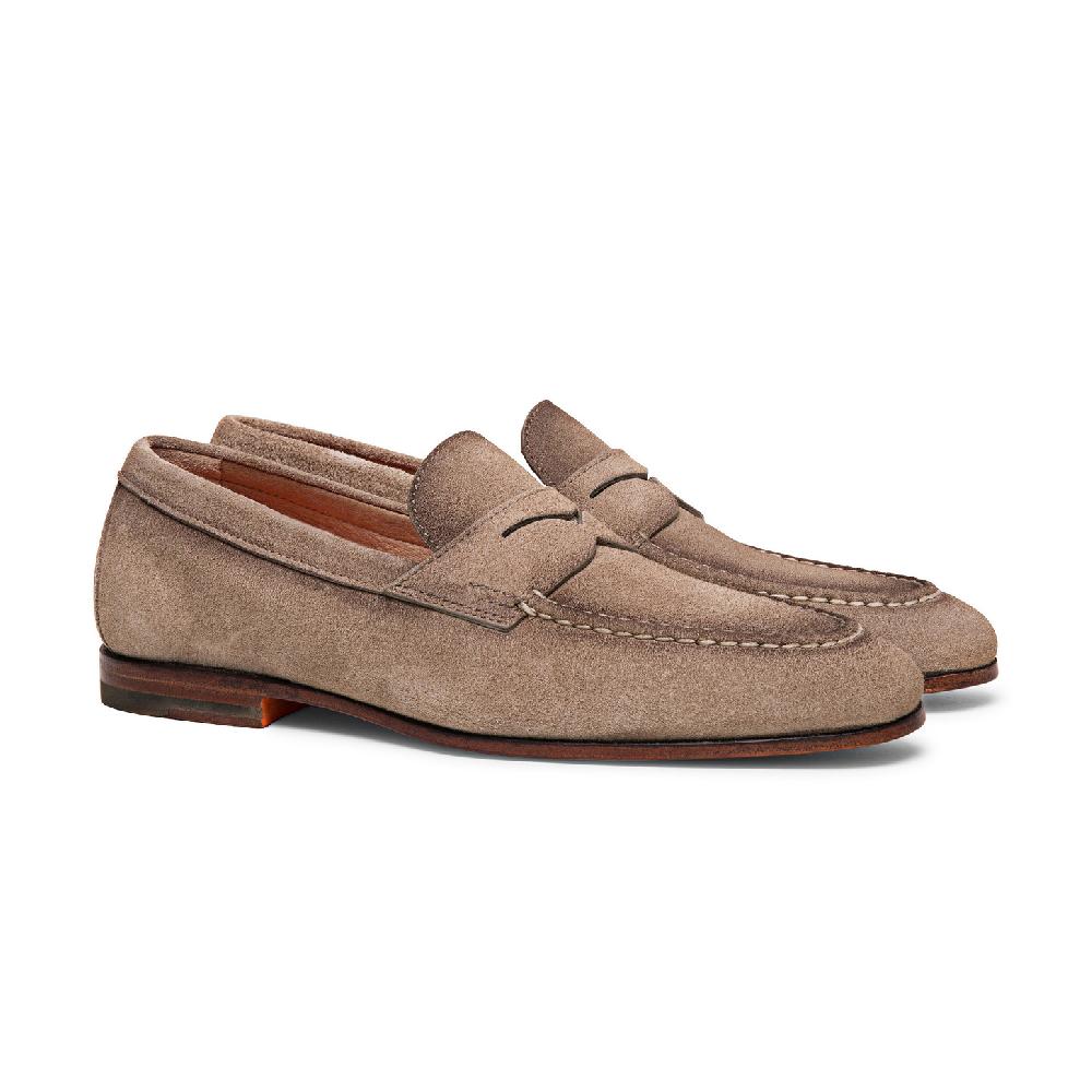 Santoni Mocassino penny da uomo in suede beige In Vendita